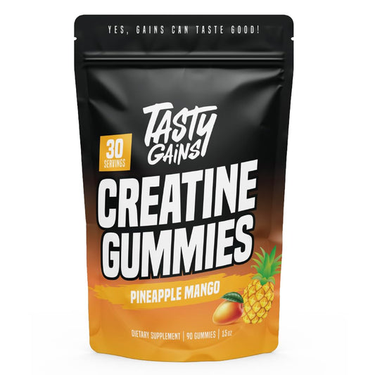 Packaging of TASTY GAINS Creatine Gummies for convenient daily use.