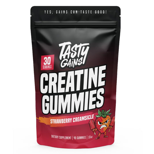 TASTY GAINS Creatine Gummies packaging shown for easy daily muscle support.