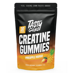Packaging of TASTY GAINS Creatine Gummies for convenient daily use.