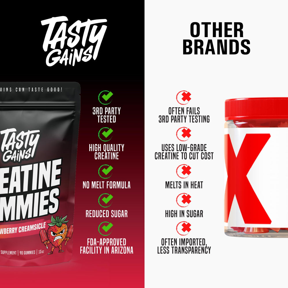 Strawberry cream flavor close-up of TASTY GAINS Creatine Gummies.