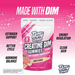 Close-up of serving from TASTY GAINS creatine gummies illustrates 3g per serving promise.