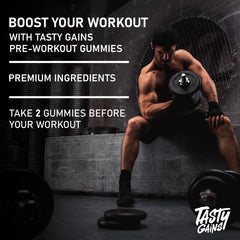 TASTY GAINS preworkout gummies caffeine boost jar highlights 200 mg caffeine per serving.