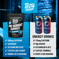 TASTY GAINS preworkout gummies closeup showing chewy texture ideal for quick energy.