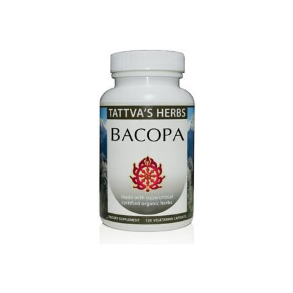 Tattva's Herbs Bacopa Monnieri bottle shows Brahmi with Pippili for focus support.