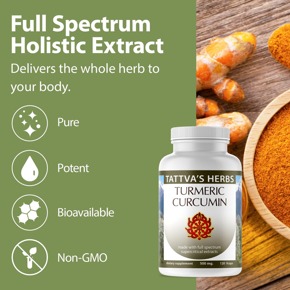 Tattva's Herbs Turmeric Curcumin capsules ready for vegan daily use.