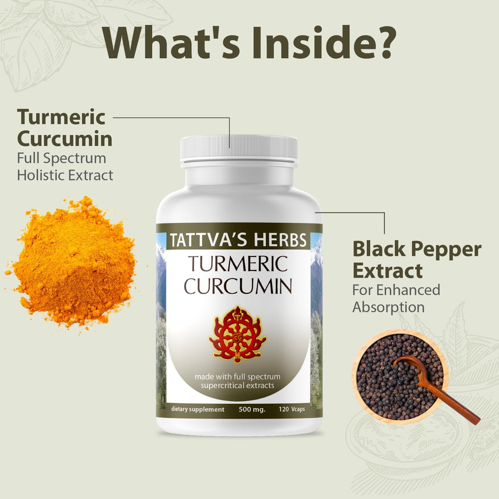 Tattva's Herbs Turmeric Curcumin capsules close-up highlights vegan formula.