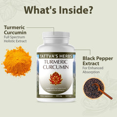 Tattva's Herbs Turmeric Curcumin capsules close-up highlights vegan formula.