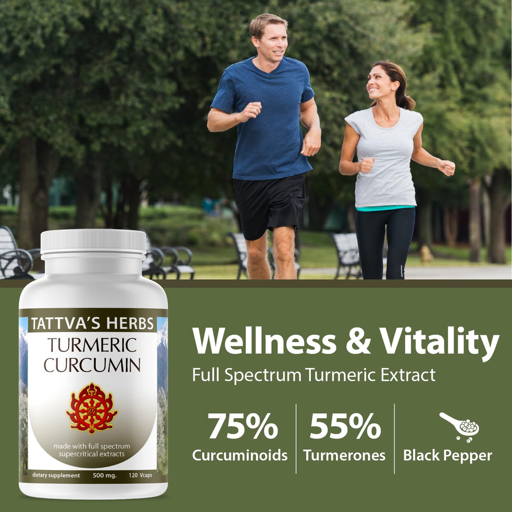 Tattva's Herbs Turmeric Curcumin capsules pour into a container for daily use.