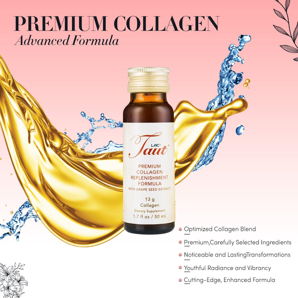 TAUT Liquid Collagen orange-taste bottle emphasizing tasty daily skincare support.