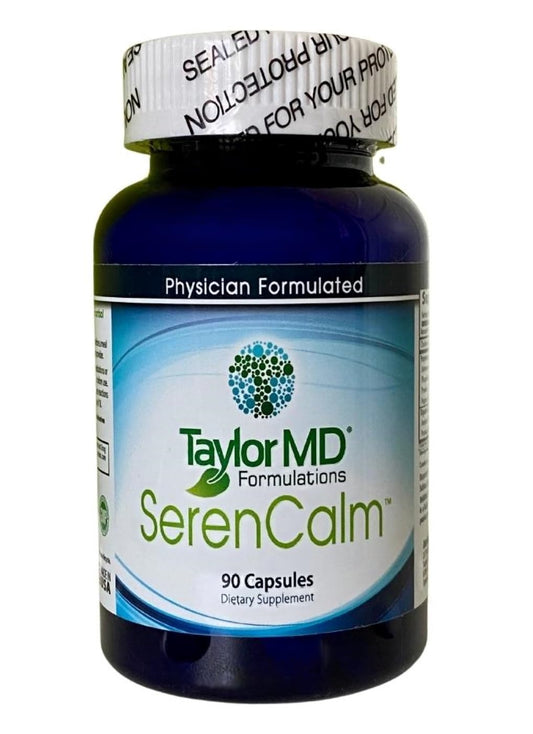 Taylor MD SerenCalm bottle on white background supports daily calm and focus.