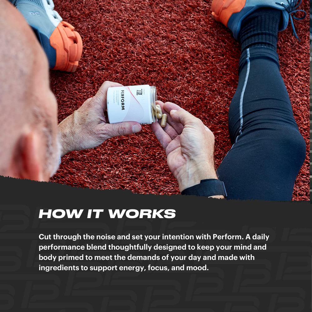 Close-up of TB12 Perform capsules suggesting focus and sustained mood