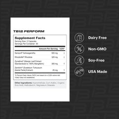 TB12 Perform label shows Sceletium, Rhodiola, and Ashwagandha blend visually