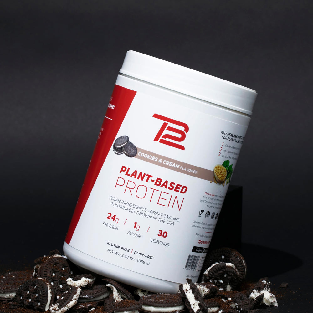 TB12 vegan dairy-free pea protein jar emphasizing clean sustainable nutrition