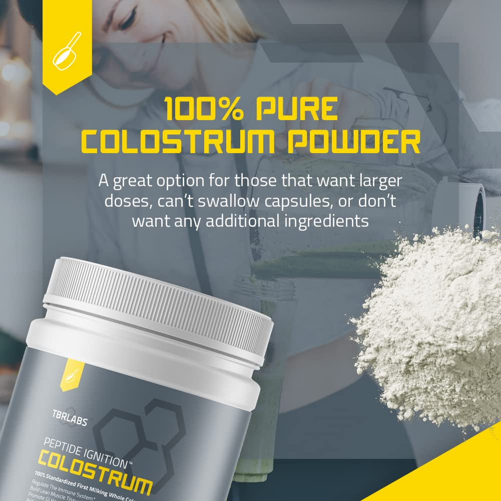 Texture close-up of TBR Labs Colostrum powder indicating fine consistency ideal for mixing.
