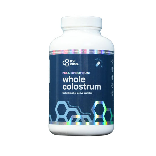 TBR Labs Pure Bovine Colostrum bottle with label, convenient daily immune support.
