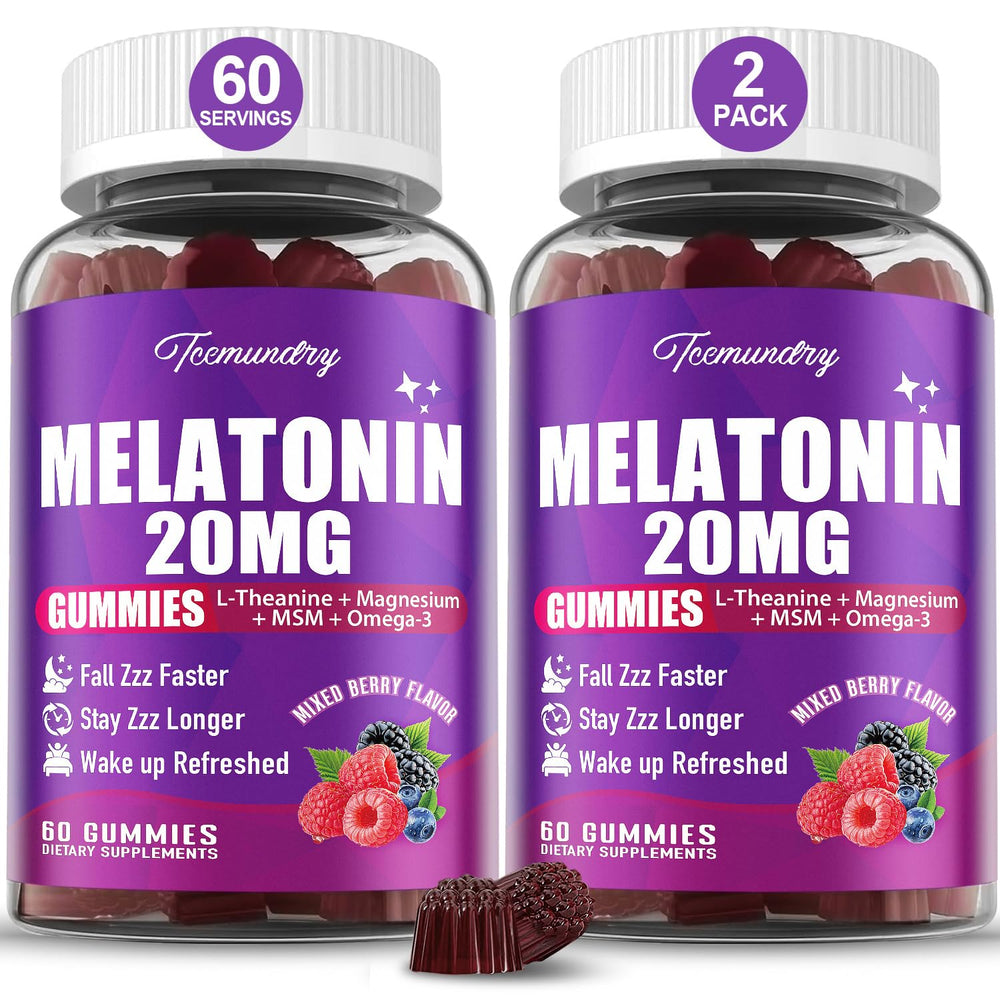 TCemundry Melatonin Gummies bottle label highlights 20 mg formula for adults