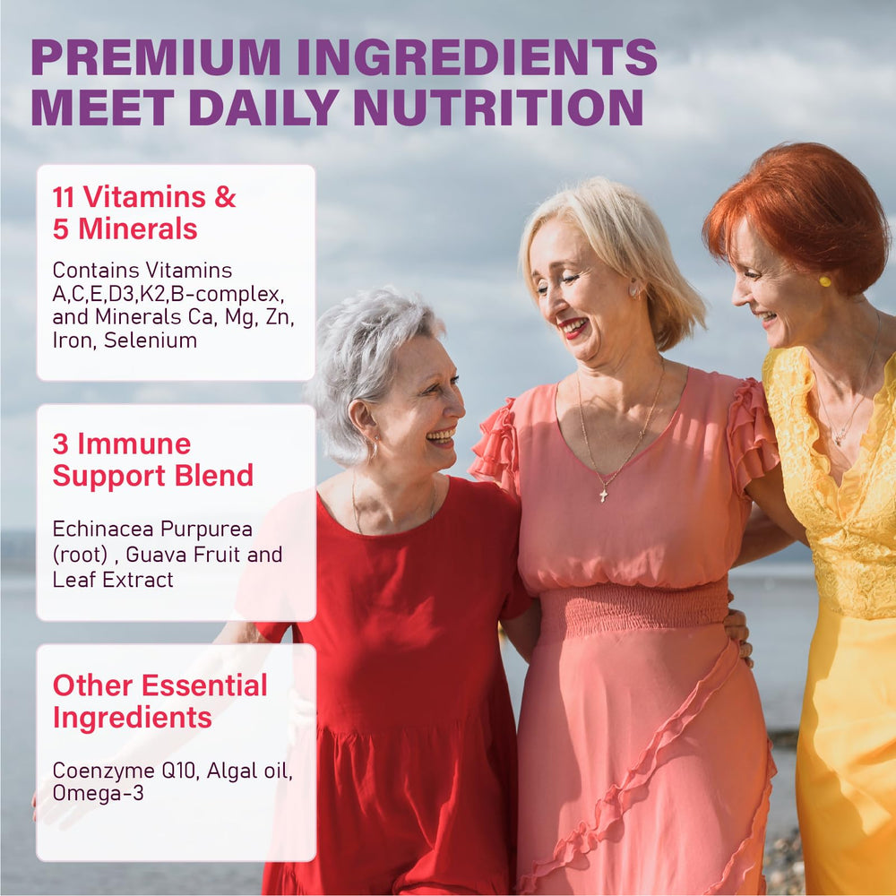 Tcemundry multivitamin for women 50+ ingredients highlight omega-3 and CoQ10 for heart and brain support.