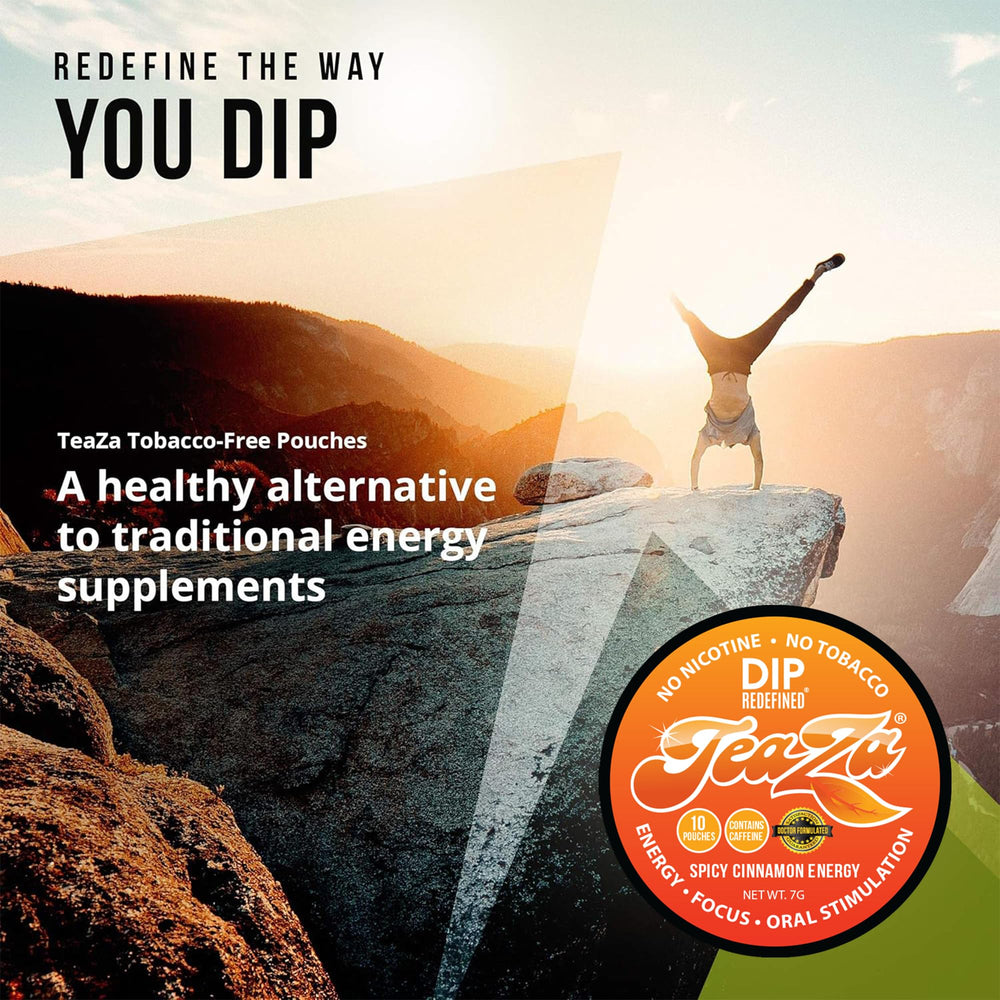 TeaZa spicy cinnamon energy pouch in hand for quick energy