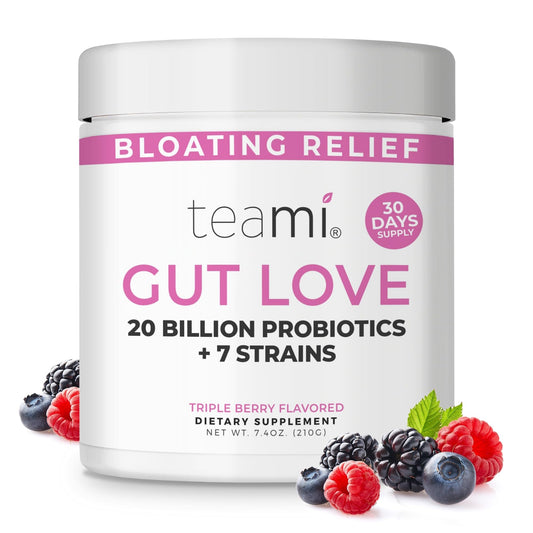Teami Gut Love powder bottle ready for daily digestion support.