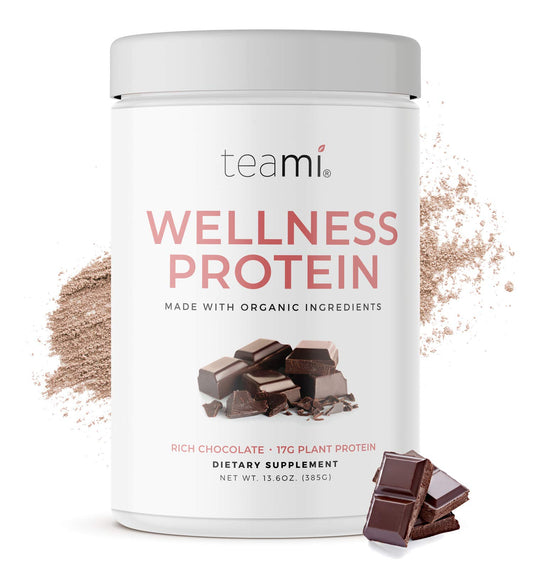 Teami Vegan Chocolate Protein Powder tub closeup shows smooth texture for easy shakes