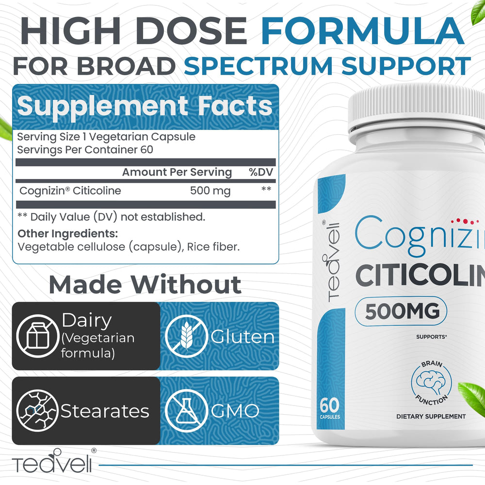 Teaveli Cognizin bottle label highlights 500mg CDP Choline for focus.