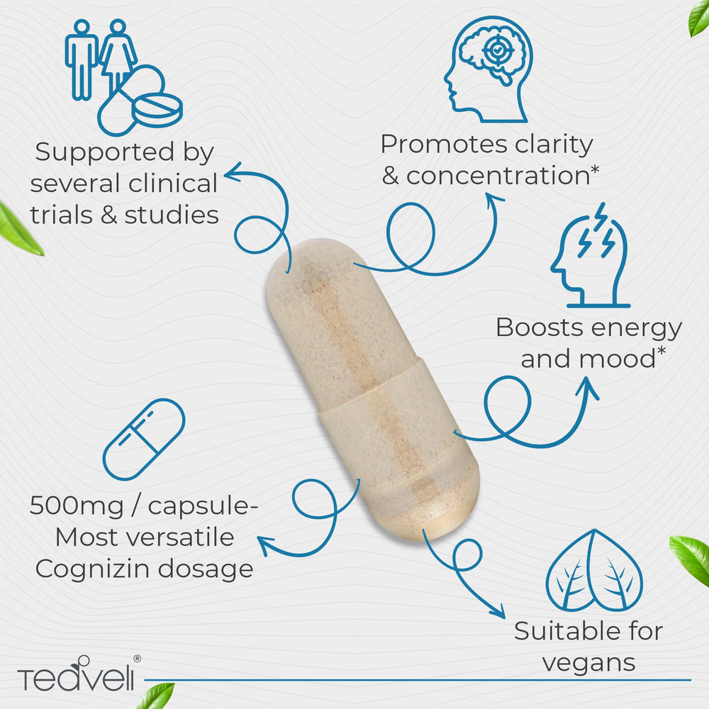 Teaveli Cognizin capsules being poured for daily brain support.