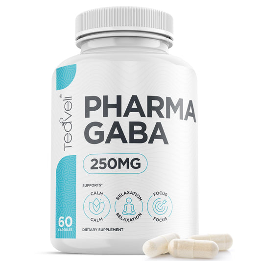 Teaveli Pharma GABA bottle label close-up highlighting premium fermentation quality for relaxation