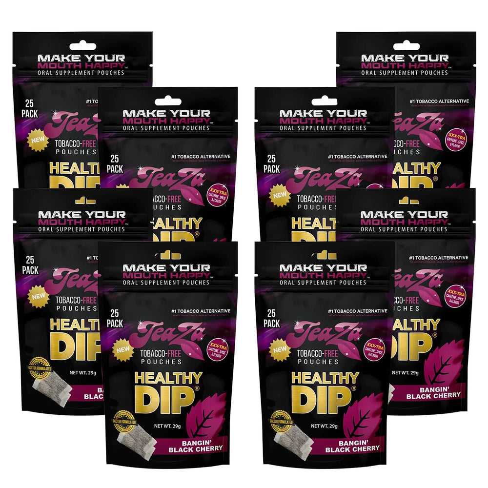 TeaZa Bangin' Black Cherry pouches in close-up with bold, nicotine-free flavor