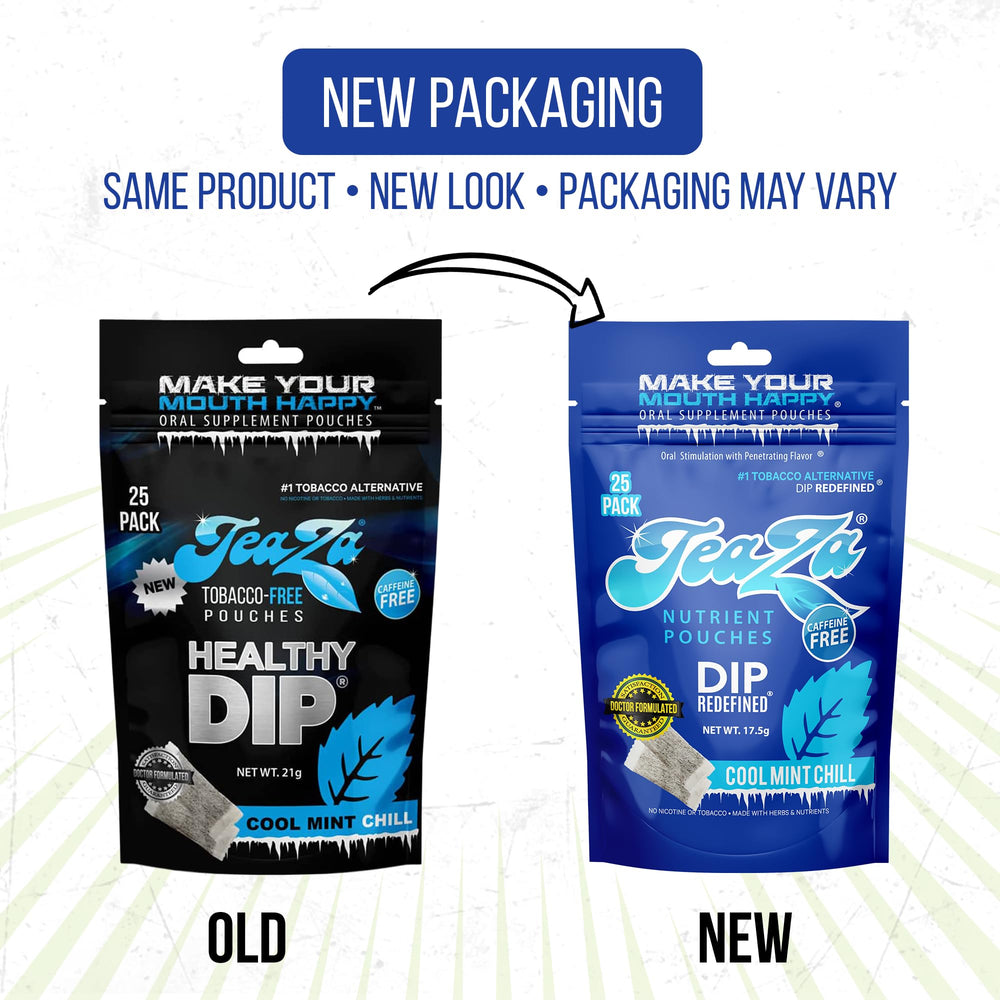 TeaZa Cool Mint Chill pouch close-up, crisp mint flavor in a portable dip alternative.