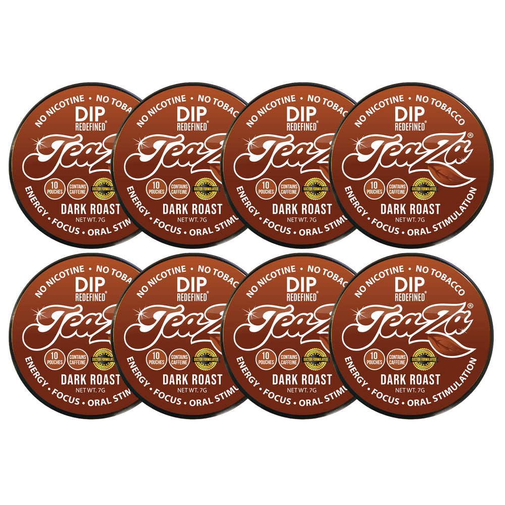 TeaZa Dark Roast Pouch dispense closeup showing bold flavor and energy