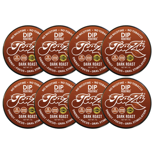TeaZa Dark Roast Pouch dispense closeup showing bold flavor and energy