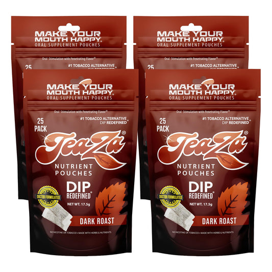 TeaZa Energy dark roast dip pouch with nicotine-free, smokeless convenience for on-the-go use.