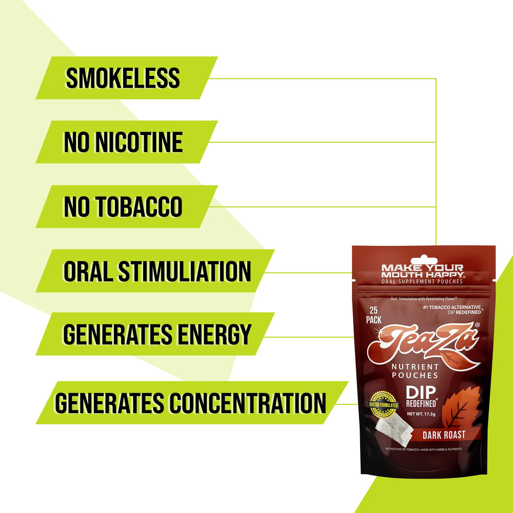 TeaZa Energy Dark Roast pouch in hand for discreet, flavorful uplift