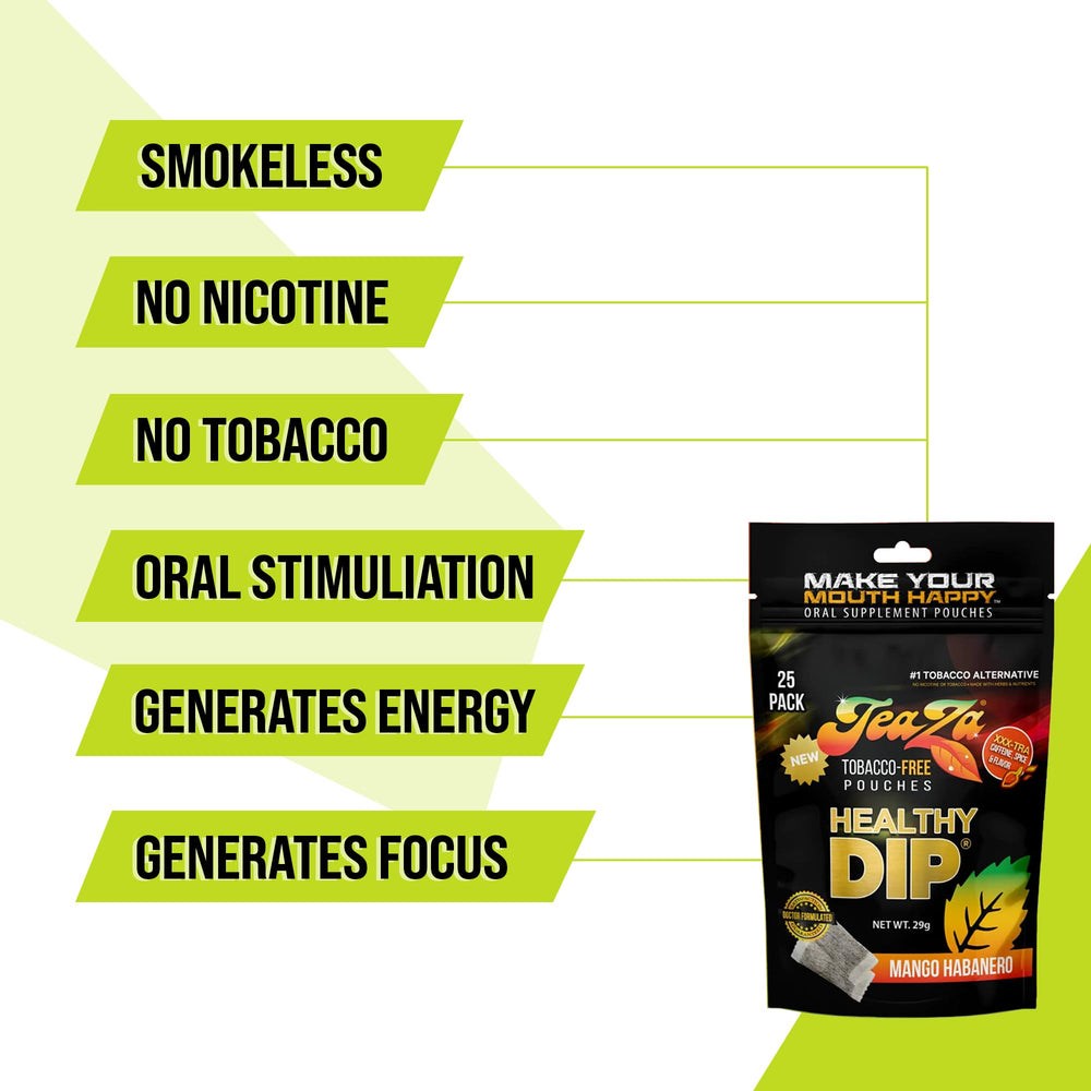 TeaZa Energy Mango Habanero pack back displays ingredients and allergen info for informed use.