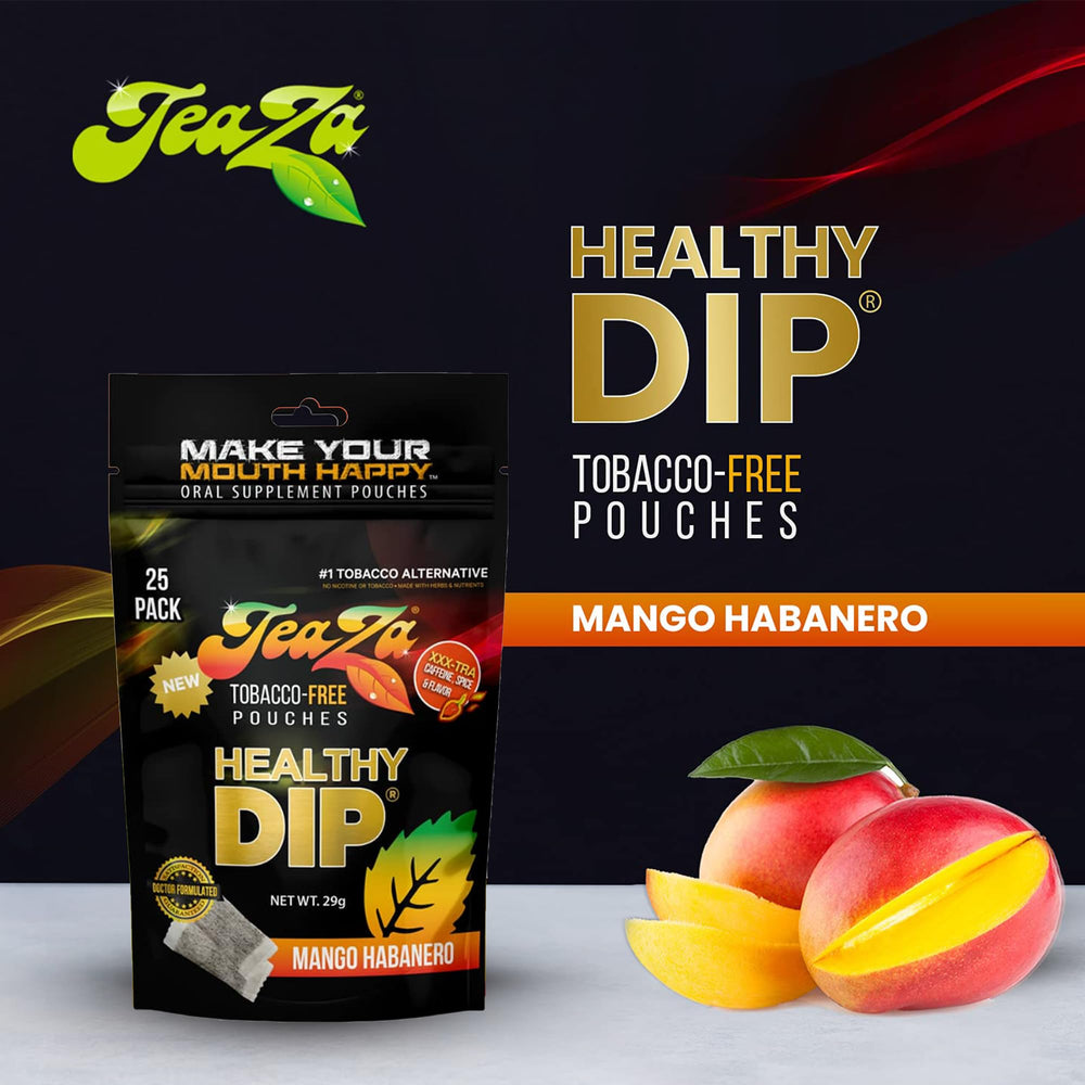 TeaZa Energy pack outdoor use close-up suggests travel-friendly, mess-free dip alternative.