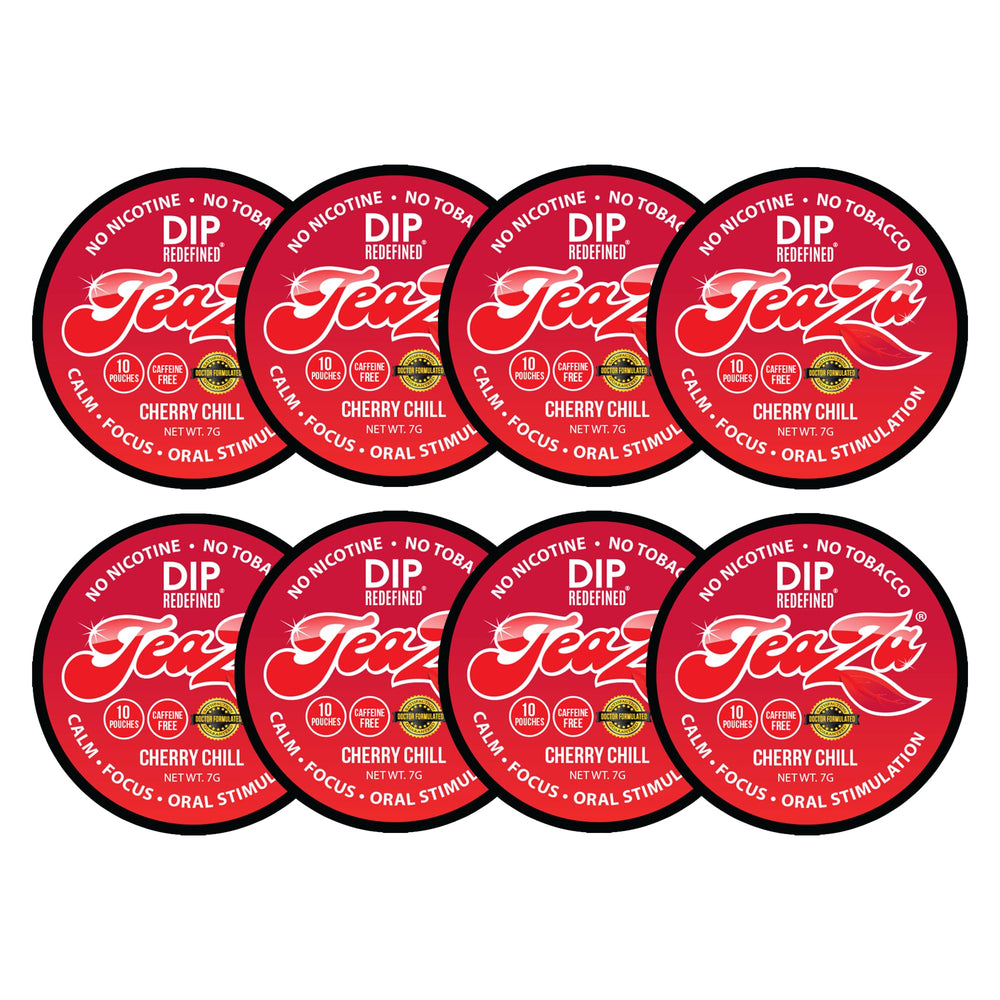 TeaZa Energy Pouches Cherry Chill package on desk for convenient energy boost