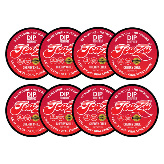 TeaZa Energy Pouches Cherry Chill package on desk for convenient energy boost