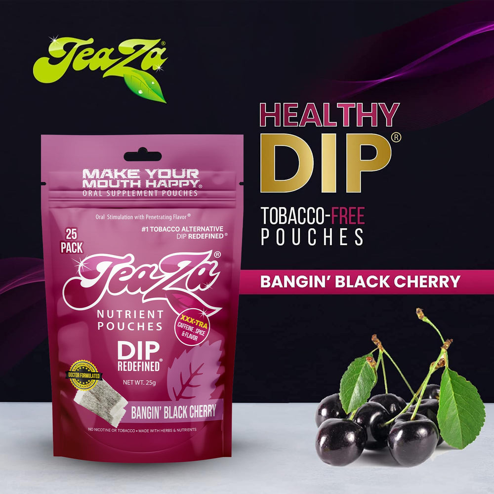 TeaZa Energy Pouches dropped into a glass of water to show versatility