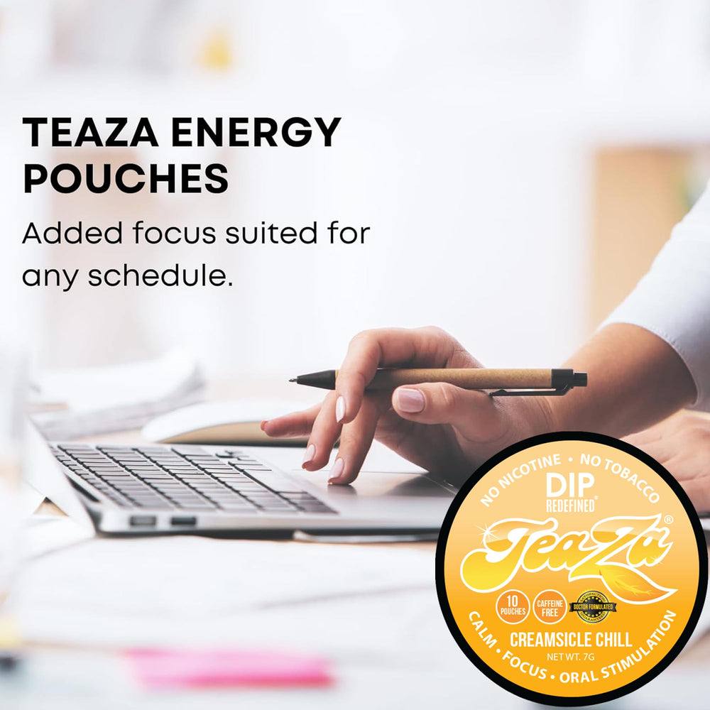 TeaZa Energy Pouches label lists ingredients and calories.