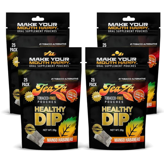 TeaZa Energy Pouches Mango Habanero pack, nicotine-free option with tropical heat.