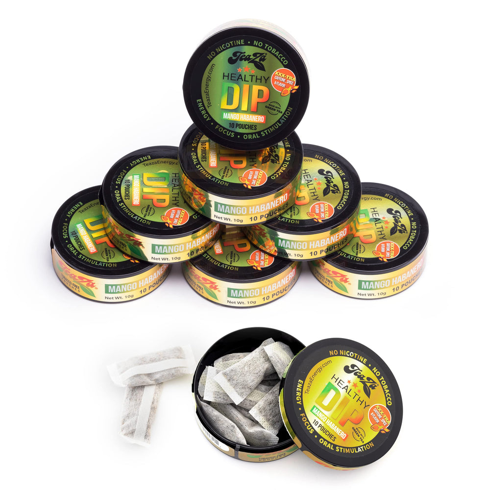 TeaZa Energy Pouches Mango Habanero pack on display with tropical flavor