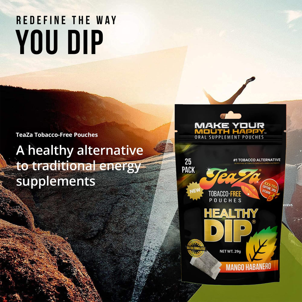 TeaZa Energy pouches natural ingredients label emphasizes green tea, ginseng, and B-vitamins.