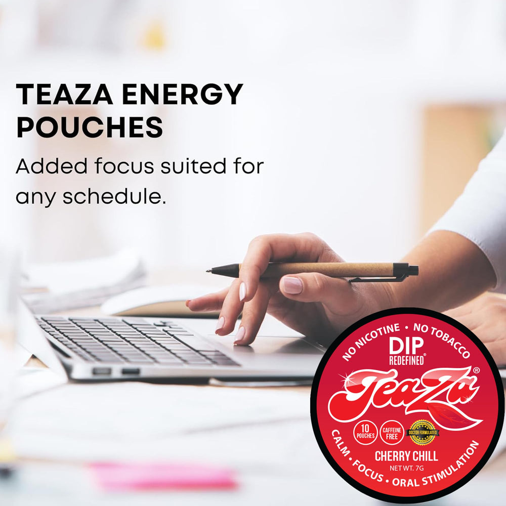TeaZa Energy Pouches close-up peppermint leaf highlights natural ingredients