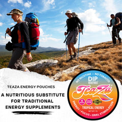 TeaZa Energy Pouches Tropical dipping in water for a smooth energy tea.
