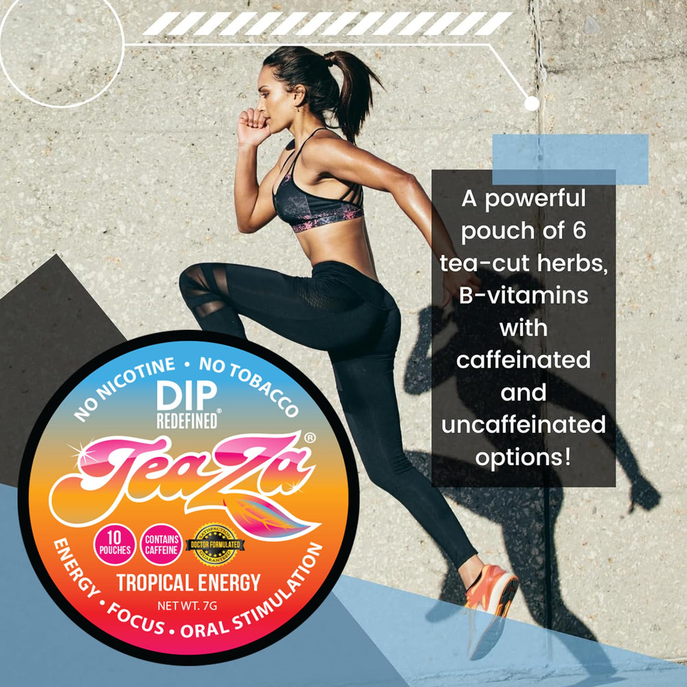 TeaZa Energy Pouches Tropical minty flavor suggests refreshing aroma.