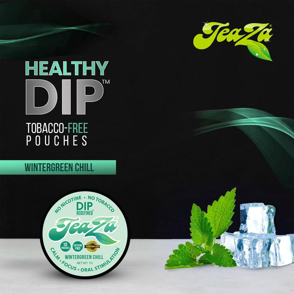 TeaZa Energy Pouches Wintergreen Chill image demonstrates use with hot or cold water.