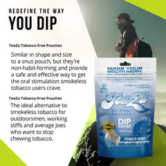 Graphic highlights green tea, ginseng, and B-vitamins inside TeaZa pouches for clean energy.