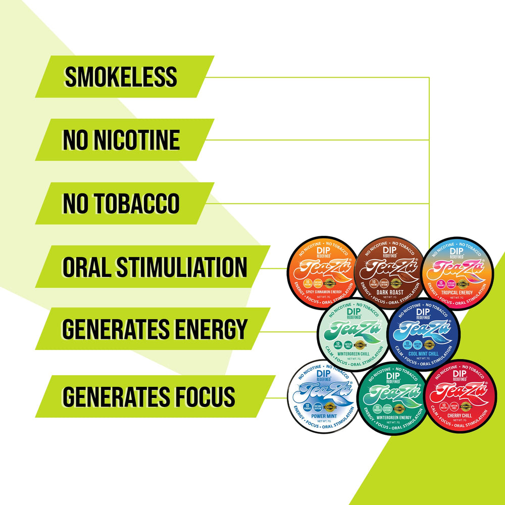 TeaZa Energy flavored pouches made with natural vegan ingredients.