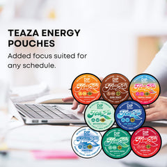 TeaZa Energy pouches suitable for on-the-go, discreet energy.