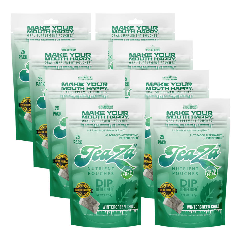 TeaZa Herbal Energy Pouches Wintergreen Chill in an 8-pack for discreet refreshment